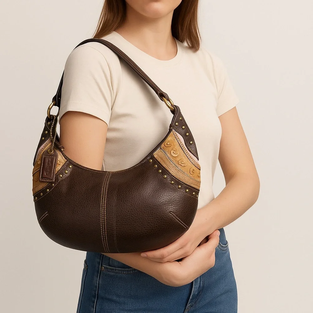 Coach Soho LRG Rivet Whipstitch Leather Hobo Bag Brown Boho Shoulder Purse 10478 - Picture 3 of 17